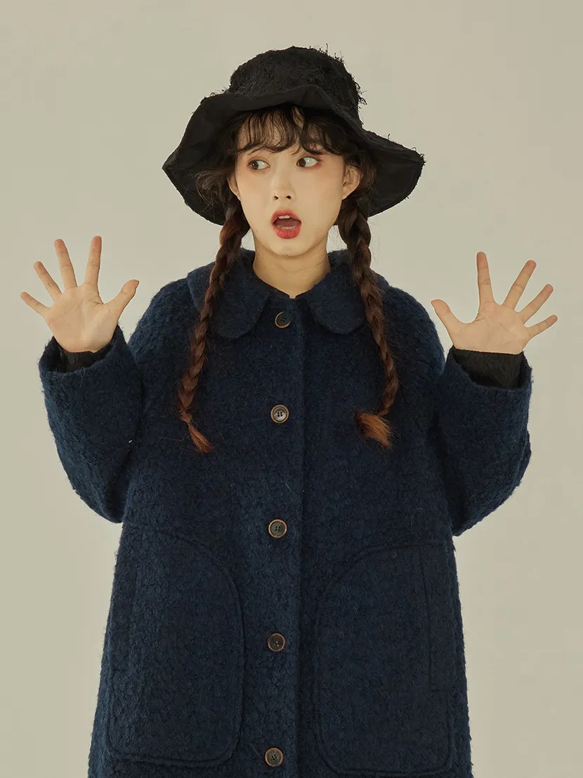 mani森日快樂 復古羊羔絨長款秋冬厚款毛呢外套女純色大衣高級感