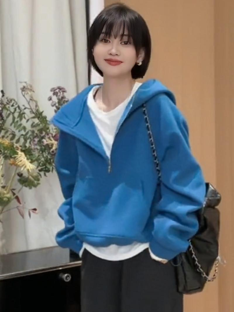 純棉華棉複合銀狐絨歐貨潮流運動休閒半拉鏈連帽衛衣女