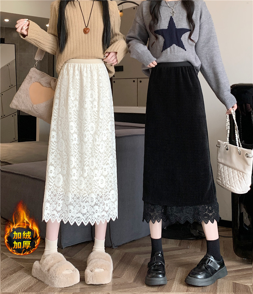 Actual shot of lace skirt for women with velvet drape, large swing umbrella skirt, mid-length high-waisted skirt, A-line skirt