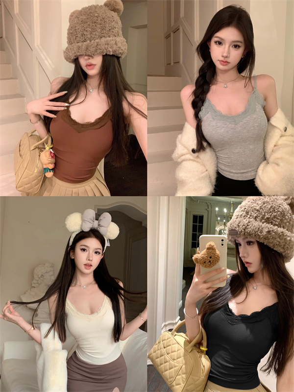 實拍 純欲風蕾絲拼接針織吊帶背心女秋季內搭帶胸墊修身短款上衣