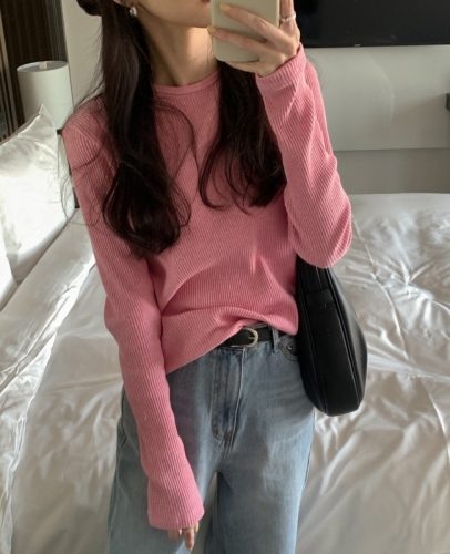 INS Korea Dongdaemun!  Gentle pink sweet girl pit stripe slimming versatile long-sleeved bottoming shirt T-shirt inner layer