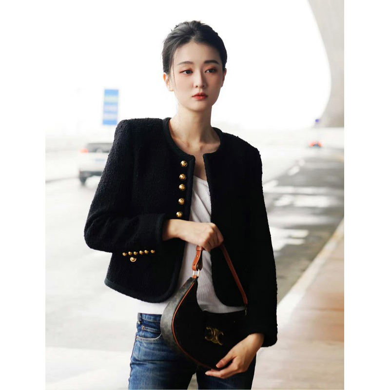 法式經典黑金小香風外套女2023新款千金輕奢粗花呢上衣