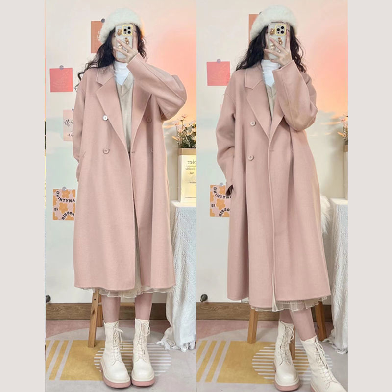 Pink gentle coat for women 2023 small medium-length loose woolen coat high-end pure lust style women