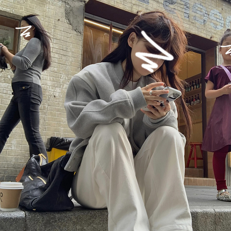 美式復古灰色棒球服外套女秋冬季2023新小個子休閒夾克短上衣