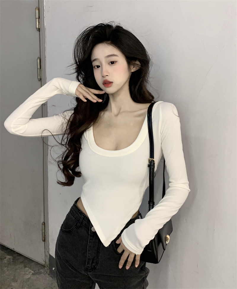實拍 純棉洋氣方領性感百搭長袖t恤女收腰顯瘦別致獨特短款上衣