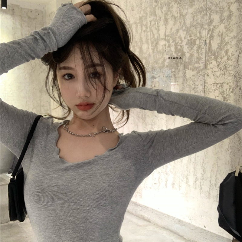 別致小眾設計感溫柔少女不規則開叉灰色T恤女春季修身長袖打底衫