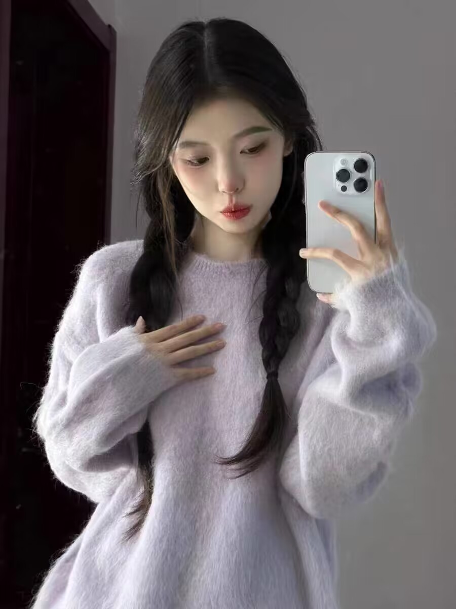 慵懶風軟糯紫色毛衣女秋冬季2023新款高級感小眾設計感小個子秋裝
