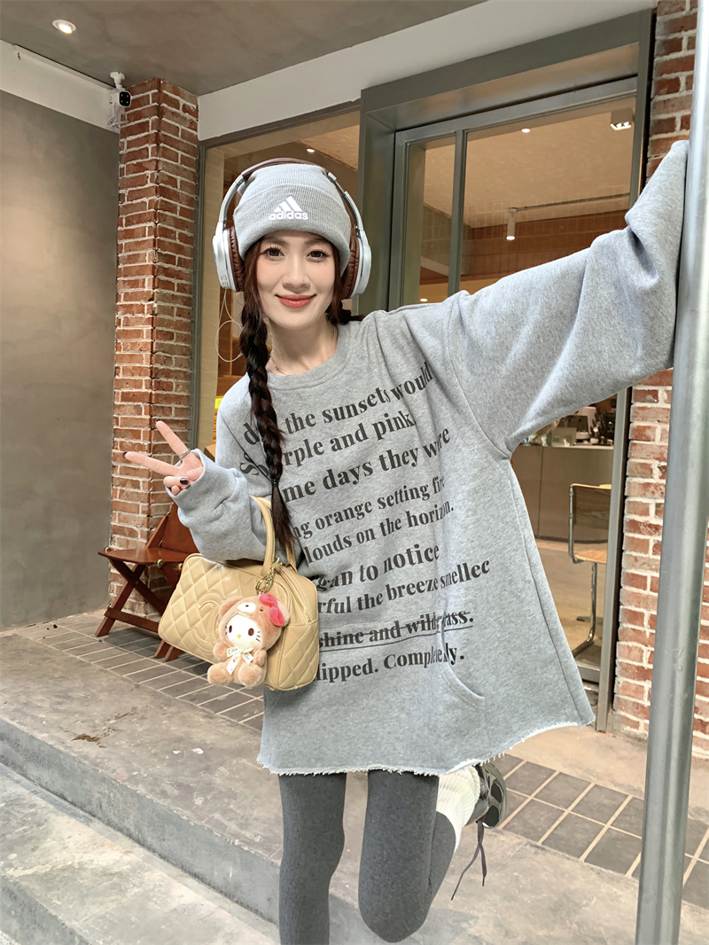 實拍 美式復古字母oversize毛邊套頭衛衣秋冬高級感加厚上衣