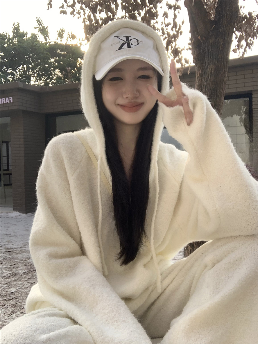 實拍慵懶風毛絨套裝寬鬆連帽針織衛衣女秋冬軟糯休閒褲長褲兩件套