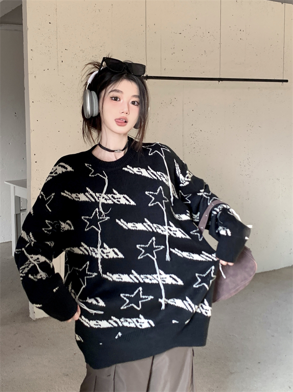 實拍 大碼女裝 設計感星星流蘇撞色針織毛衣圓領套頭