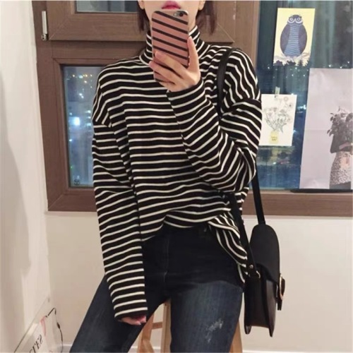 Autumn and winter style autumn sweatshirt layered with high collar long sleeve T-shirt striped plus velvet warm base layer top for women