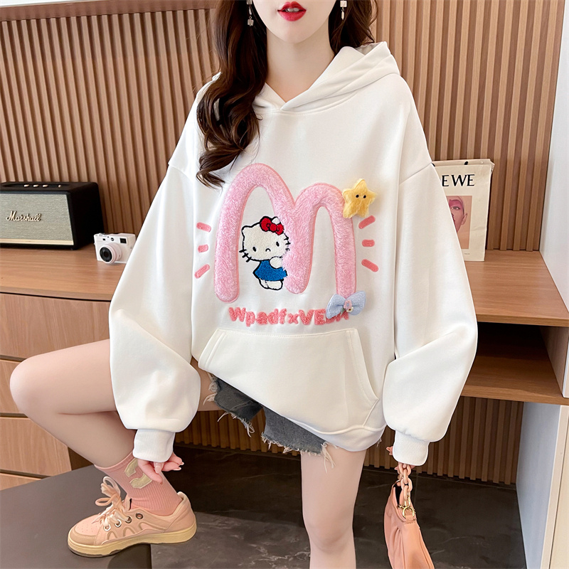 Real shot of pure cotton composite super soft velvet autumn and winter sweatshirt for women cartoon embroidered jacket trendy loose hooded top