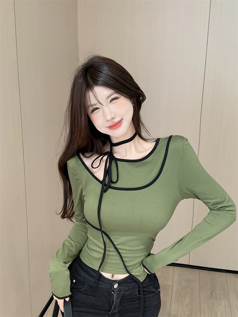 實拍~美拉德設計感不對稱挖肩撞色掛脖系帶T恤假兩件修身顯瘦上衣