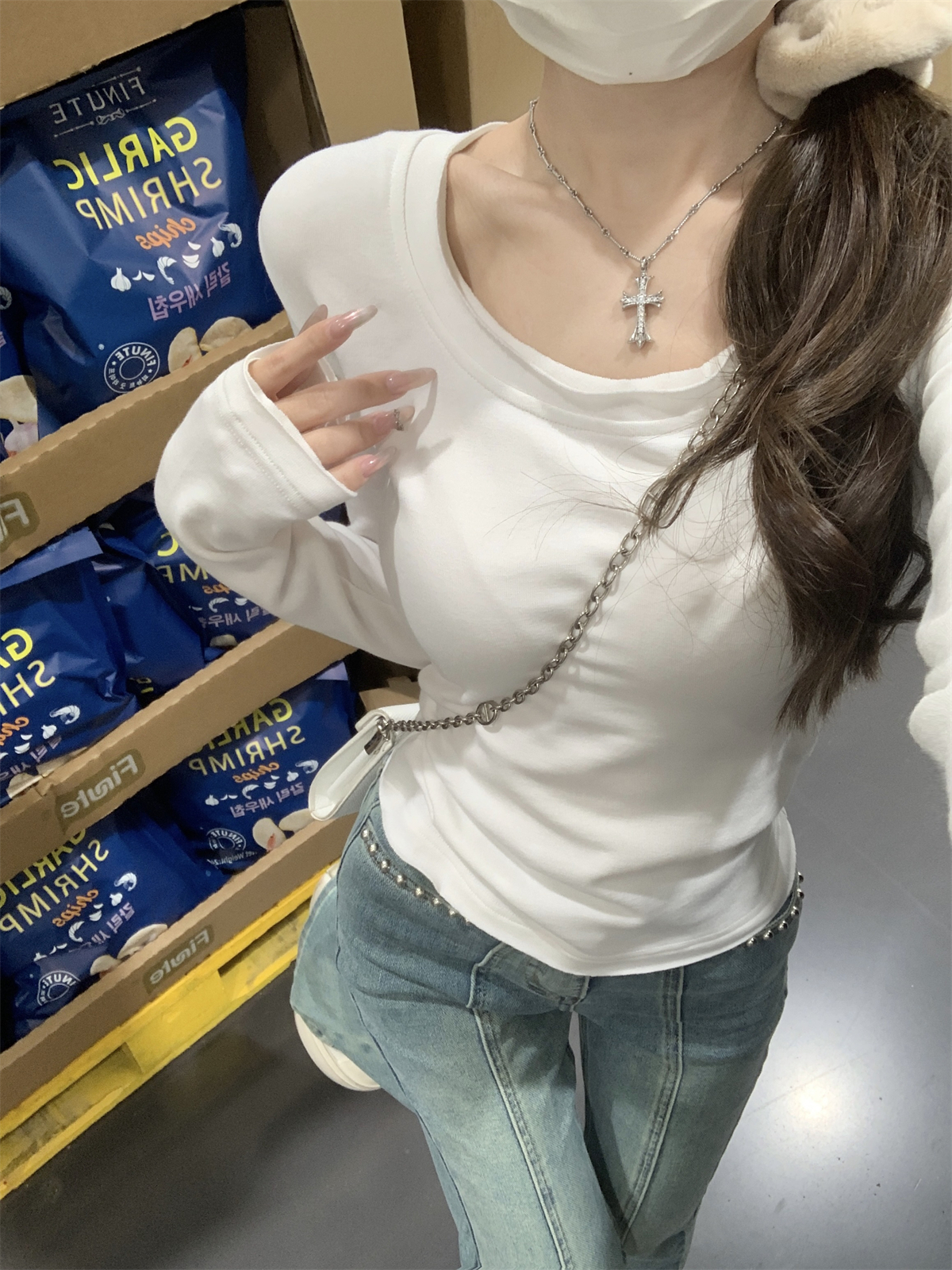 實拍 秋冬韓版修身U領卷邊純色百搭純棉內搭長袖T恤女上衣