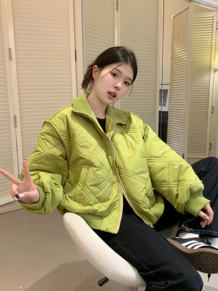 Stand collar diamond temperament green cotton clothing autumn and winter new design niche cotton clothing warm jacket tops for women ins
