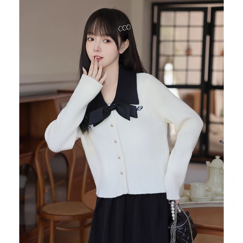 Bokaqi 2023 autumn and winter new lapel bow knitted cardigan women's college style niche contrast color short sweater