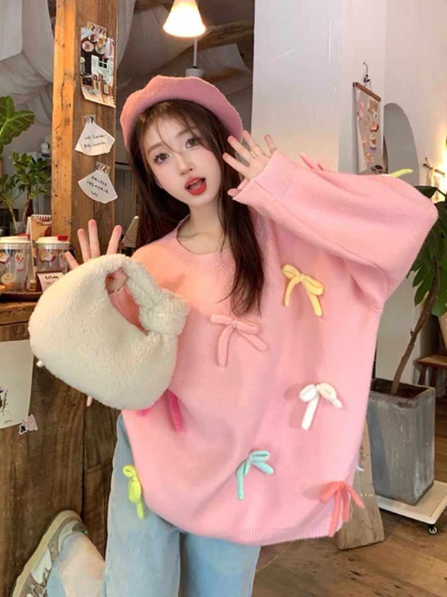2023 Loose Large Size Sweaters for Sweet Girls in Autumn and Winter Three-dimensional Bow Knitted Niche Design Age-Reducing Knitted Jackets