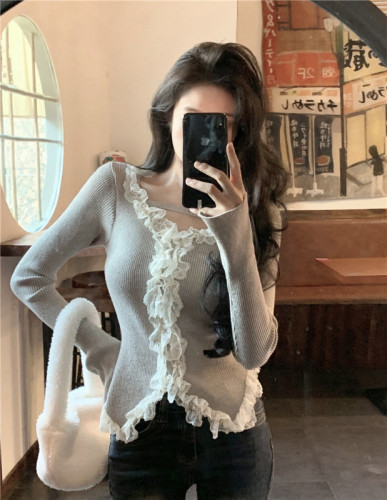 Actual shot~Fine shimmering lace top with ceiling in autumn and winter, square neck long-sleeved knitted bottoming shirt for women