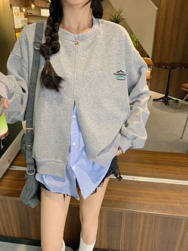 Real shot of large size fat mm design niche fake two-piece sweatshirt for women loose and versatile spliced ​​round neck top