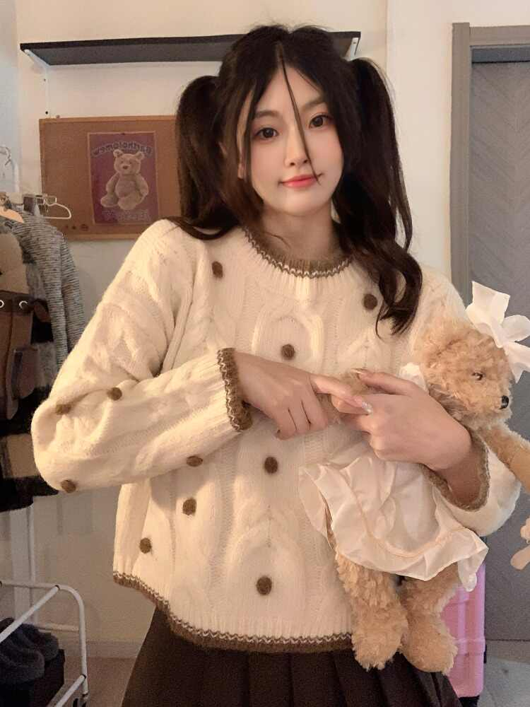 秋冬季寬鬆百搭溫柔風長袖針織衫上衣小個子短款圓領套頭