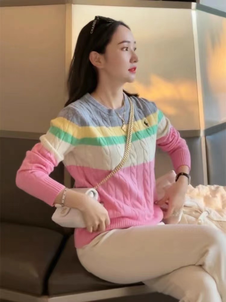 歐貨2023秋冬新款拼色圓領長袖毛衣女寬鬆高級感時尚百搭毛針織衫