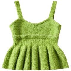 European and American fashionable British style sweet furry knitted sling slim fit small ruffled short top
