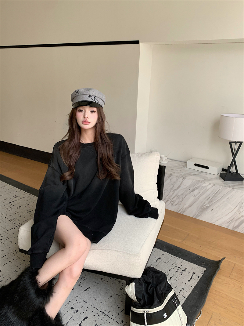 實拍 水洗漸變圓領衛衣女秋寬鬆顯瘦設計感oversize上衣
