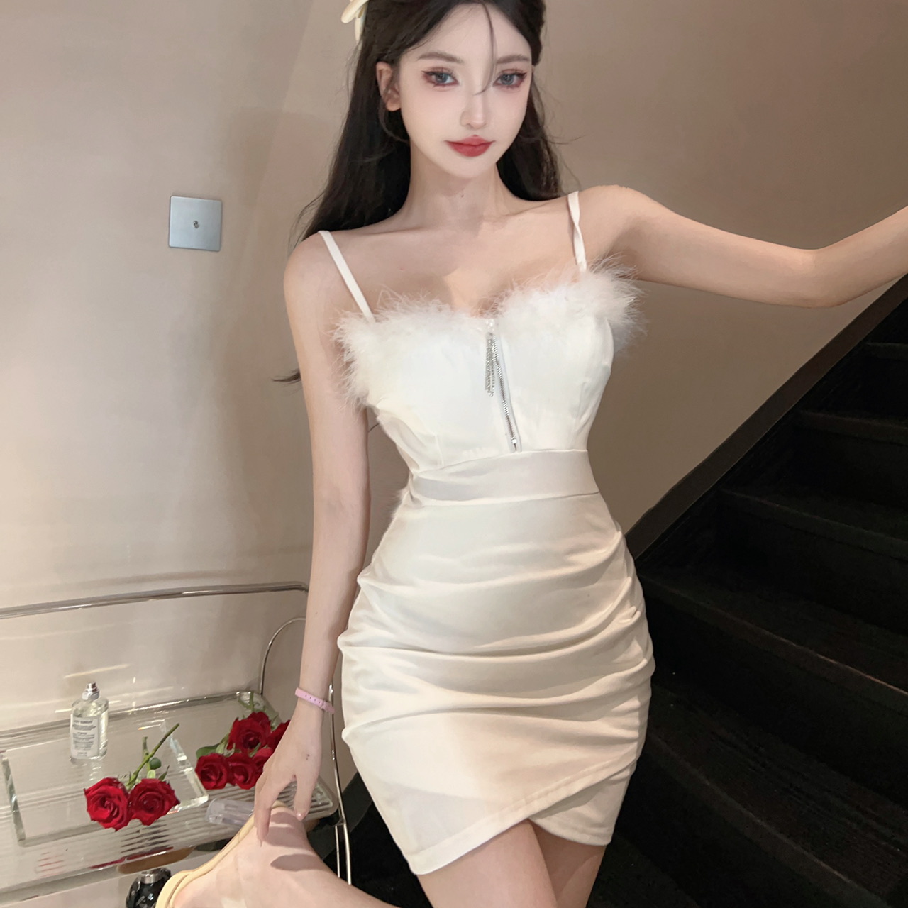 Real shot design sexy furry splicing V-neck zipper decoration tight slimming hip dress bottoming skirt