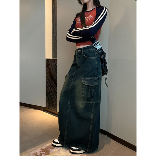 Real shot of American style big pocket design autumn mid-length hip-hugging skirt 2023 heavy cement distressed denim skirt