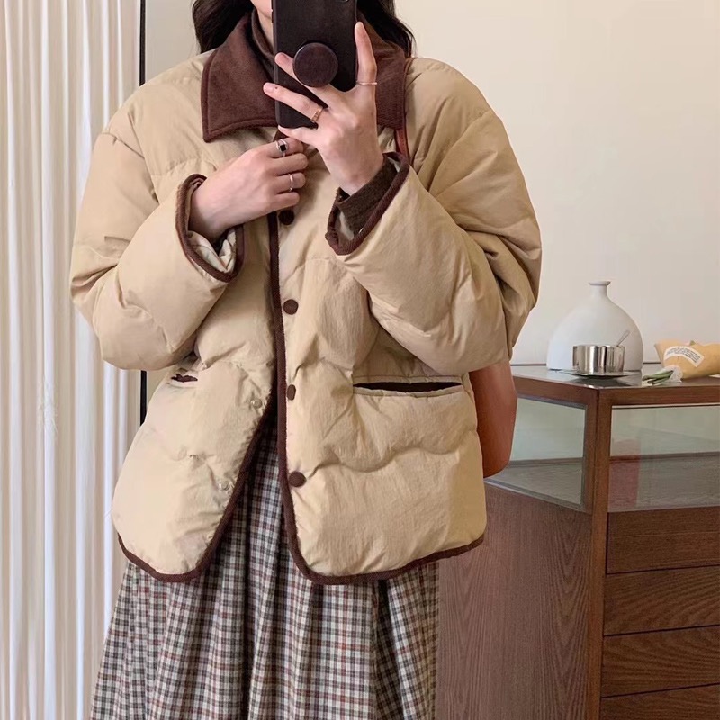 原版 韓國ins燈芯絨翻領東大門輕薄羽絨服棉服女