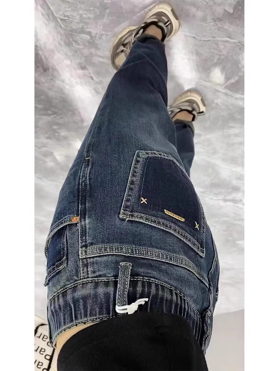 早秋新款復古藍哈倫牛仔褲子大碼胖mm寬鬆顯瘦九分老爹褲
