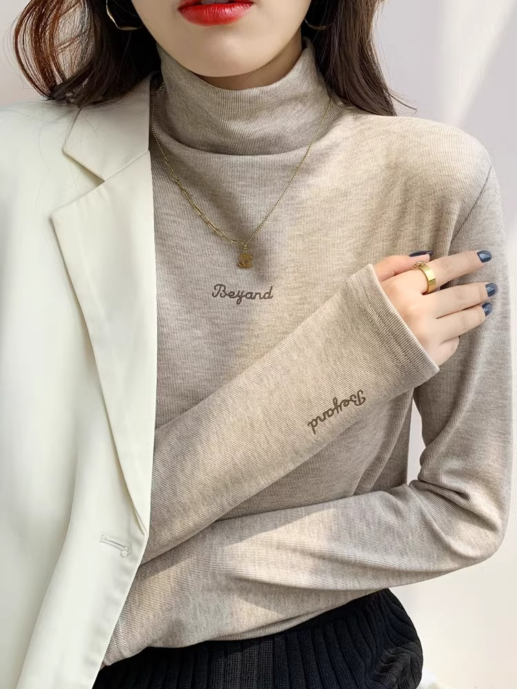 Sheep wool slim-fitting mid-collar half turtleneck bottoming shirt for women with velvet in early spring, autumn and winter with long-sleeved T-shirt top