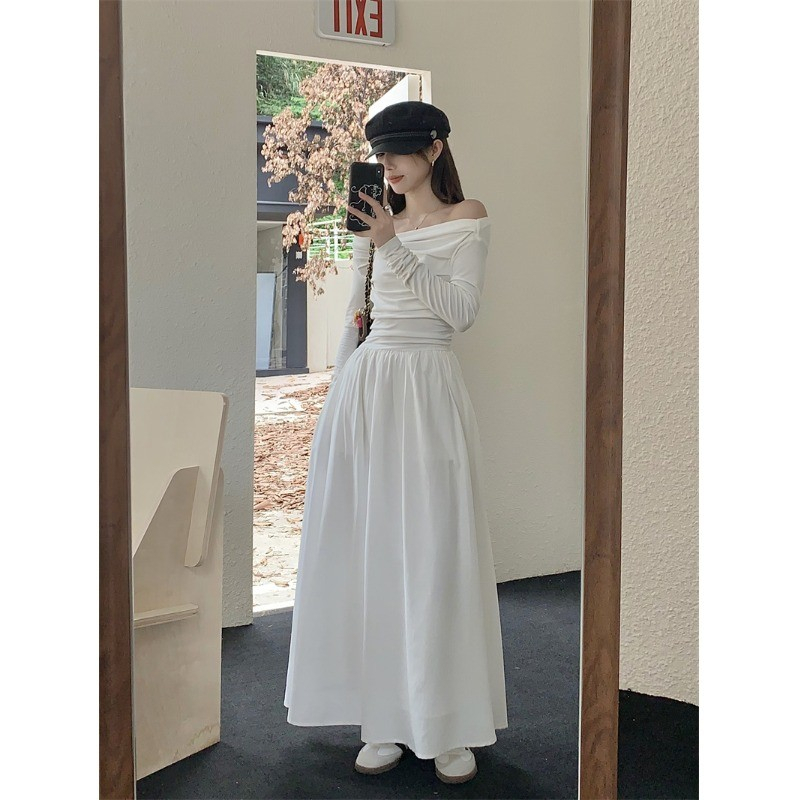 French Hepburn style one-shoulder long-sleeved dress women's autumn waist slimming little black dress temperament A-line long dress