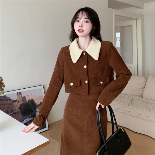 European cotton velvet hot corduroy two-piece autumn and winter large size fat mm small fragrance jacket + skirt set