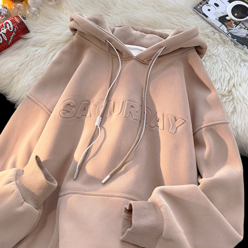 310g imitation cotton interwoven fabric, no pilling, winter velvet sweatshirt for women, hooded, concave and convex printing, double layer hood with back strip