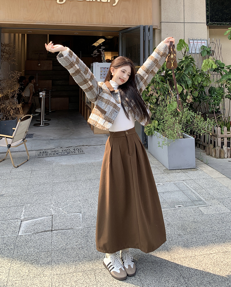 實拍 秋冬季兩件套加厚毛呢短外套女百褶長裙時尚套裝裙