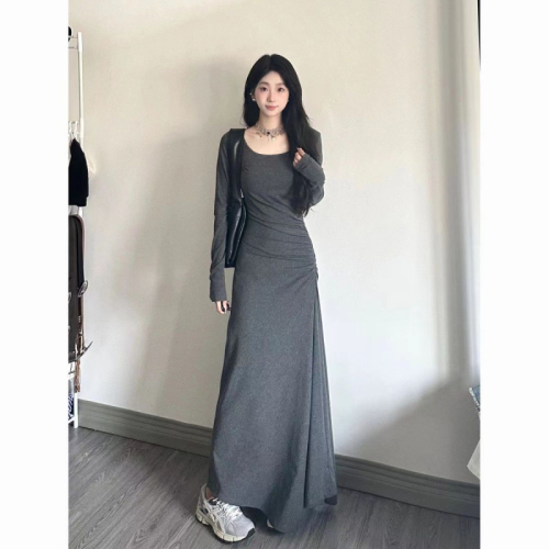 Hot Girl Pure Desire Long Sleeve Dress Women's Autumn Slim Waist Slim Gray Over-the-Knee Long Skirt Square Neck Drape Skirt