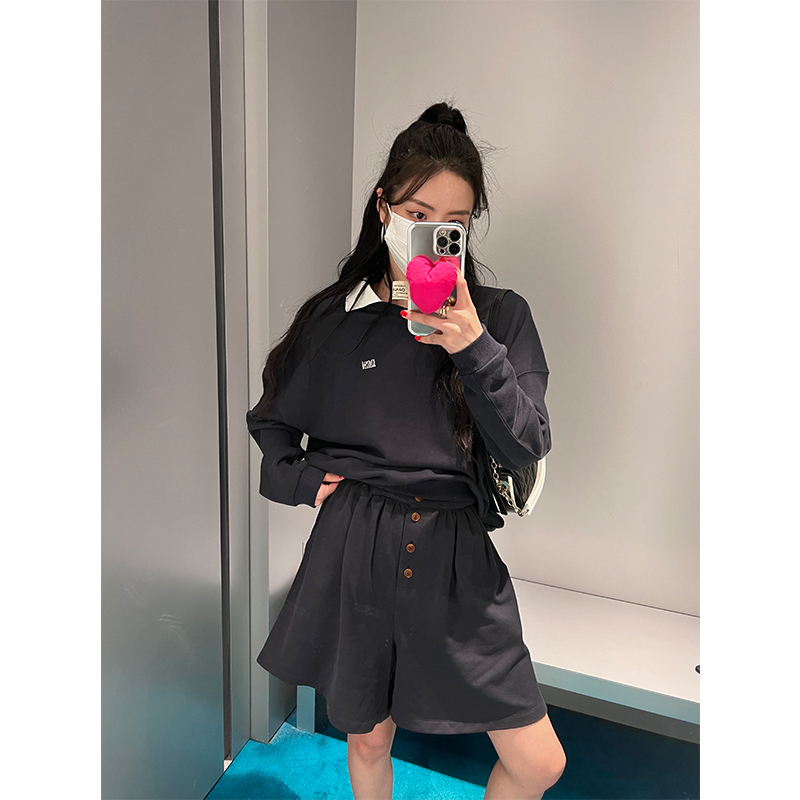 2023韓版復古寬鬆polo領刺繡長袖衛衣高腰闊腿短褲兩件套裝女