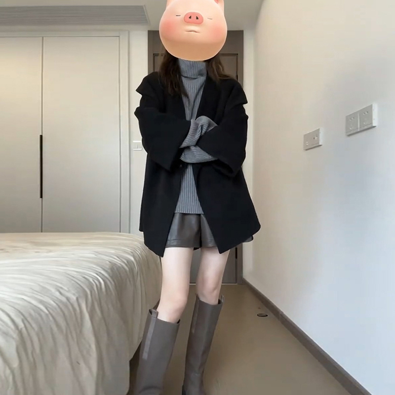 法式赫本風黑色毛呢2023新款小個子大衣女秋冬季慵懶風中長款外套