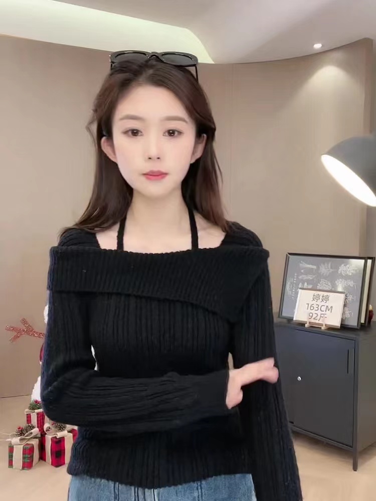 純欲掛脖毛衣女秋冬季2023新款設計感小眾一字肩打底內搭針織上衣
