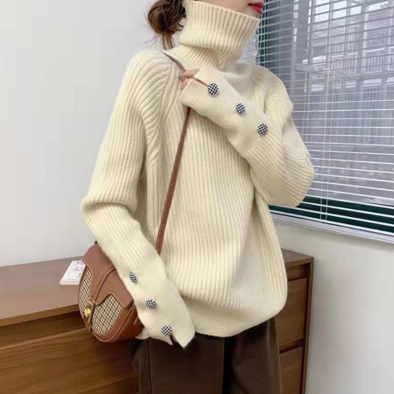 潮牌歐貨洋氣加厚保暖高領毛衣女冬季套頭寬鬆慵懶長袖針織打底衫