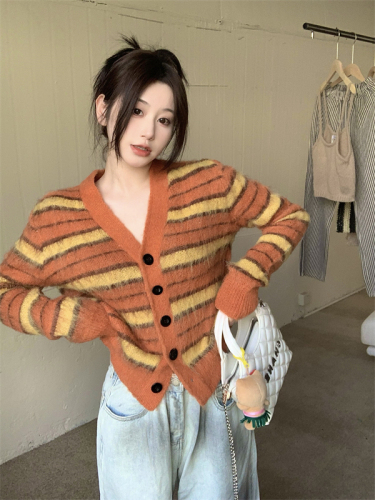 Real shot V-neck striped sweater jacket winter  new furry thickened loose contrast color sweater