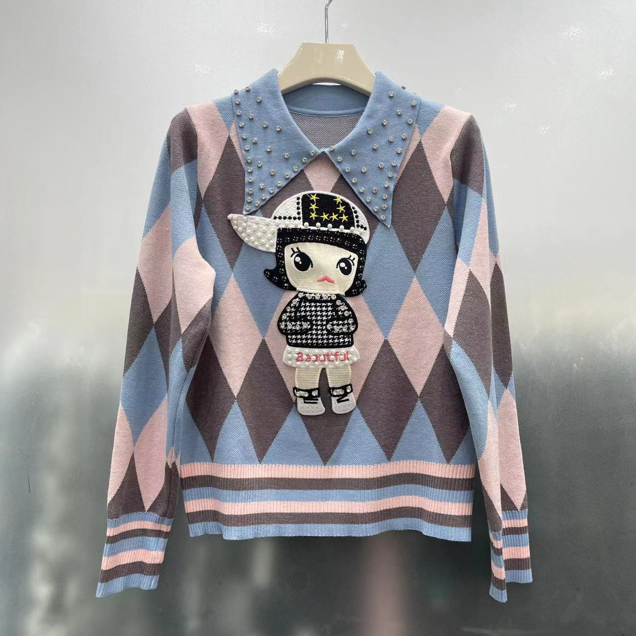 秋冬款時尚百搭釘珠娃娃領刺繡小女孩針織衫女韓版減齡菱形格上衣
