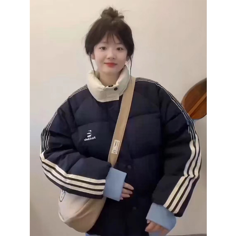 藏青色拼接撞色加厚立領棉服女學生冬季新款設計感條紋棉衣外套潮