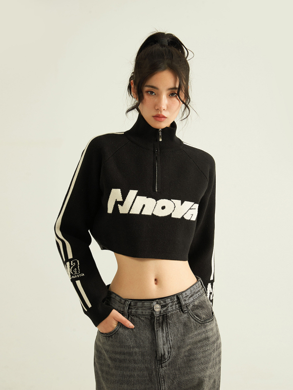 NNOVA街頭復古條紋高腰紅色毛衣女半高領針織打底衫