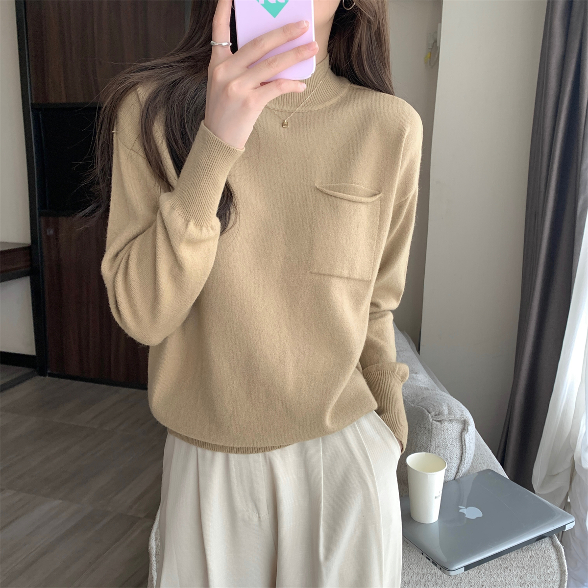 實拍 秋冬韓版半高領純色內搭口袋設計感安迪絨針織打底毛衣