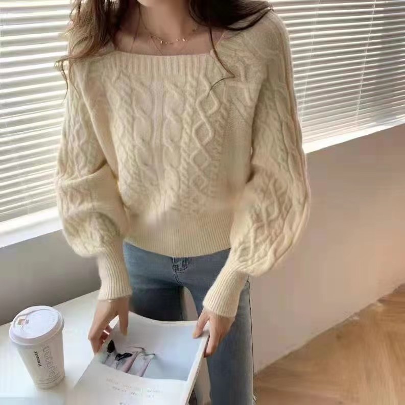 韓國秋冬新款設計感方領純色減齡麻花毛衣女套頭百搭針織衫