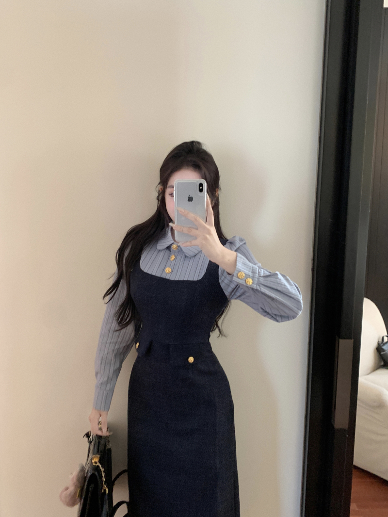 實拍  法式小香風短款毛呢長袖外套+假兩件連衣裙秋冬套裝