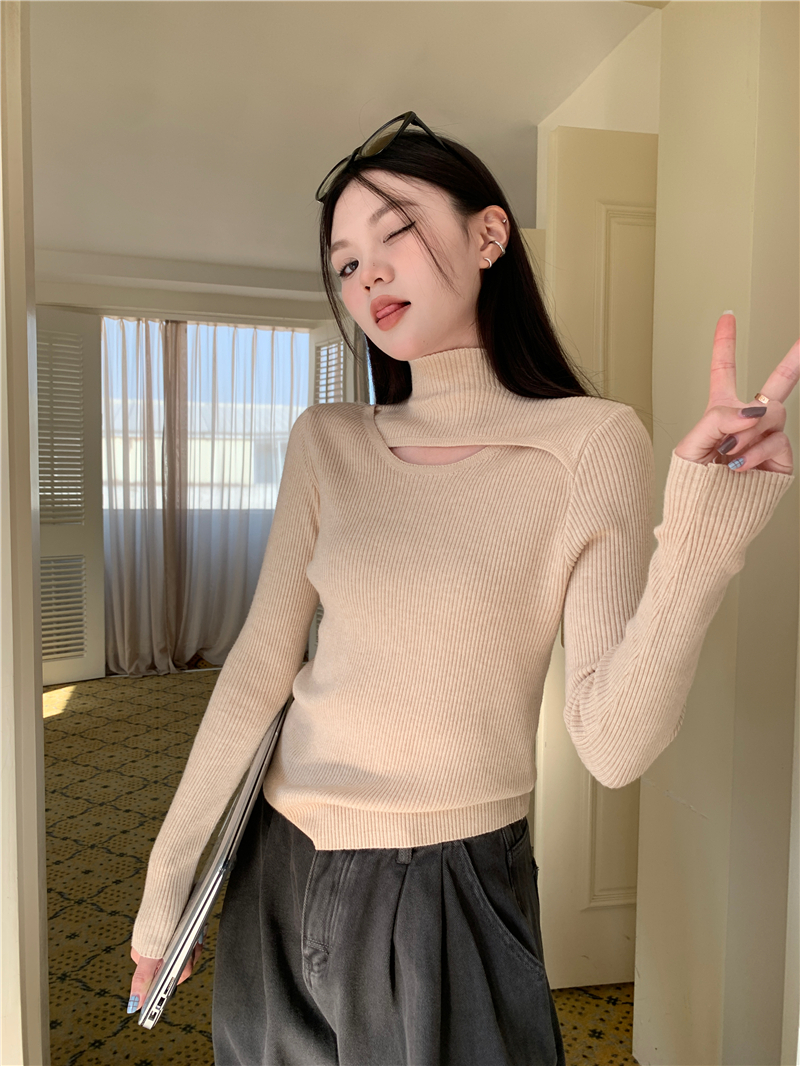 2023年早春新款修身半高領針織衫別致內搭鏤空時尚洋氣女裝打底衫