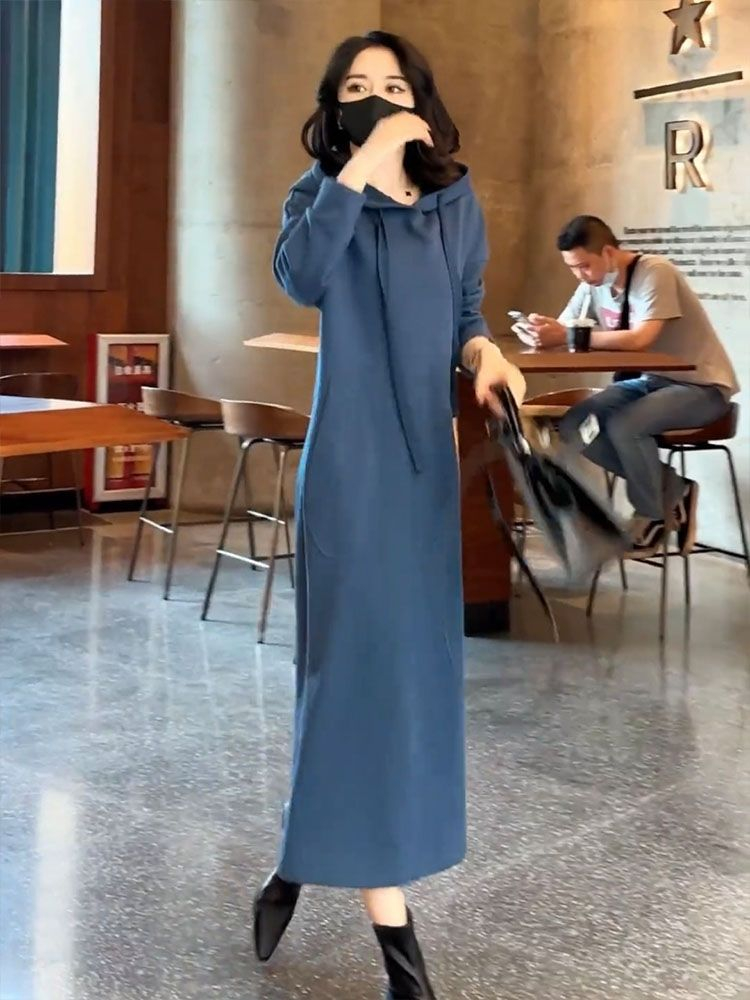 Cotton and velvet sweatshirt hooded sweatshirt dress fashionable age-reducing loose slimming long pocket A skirt